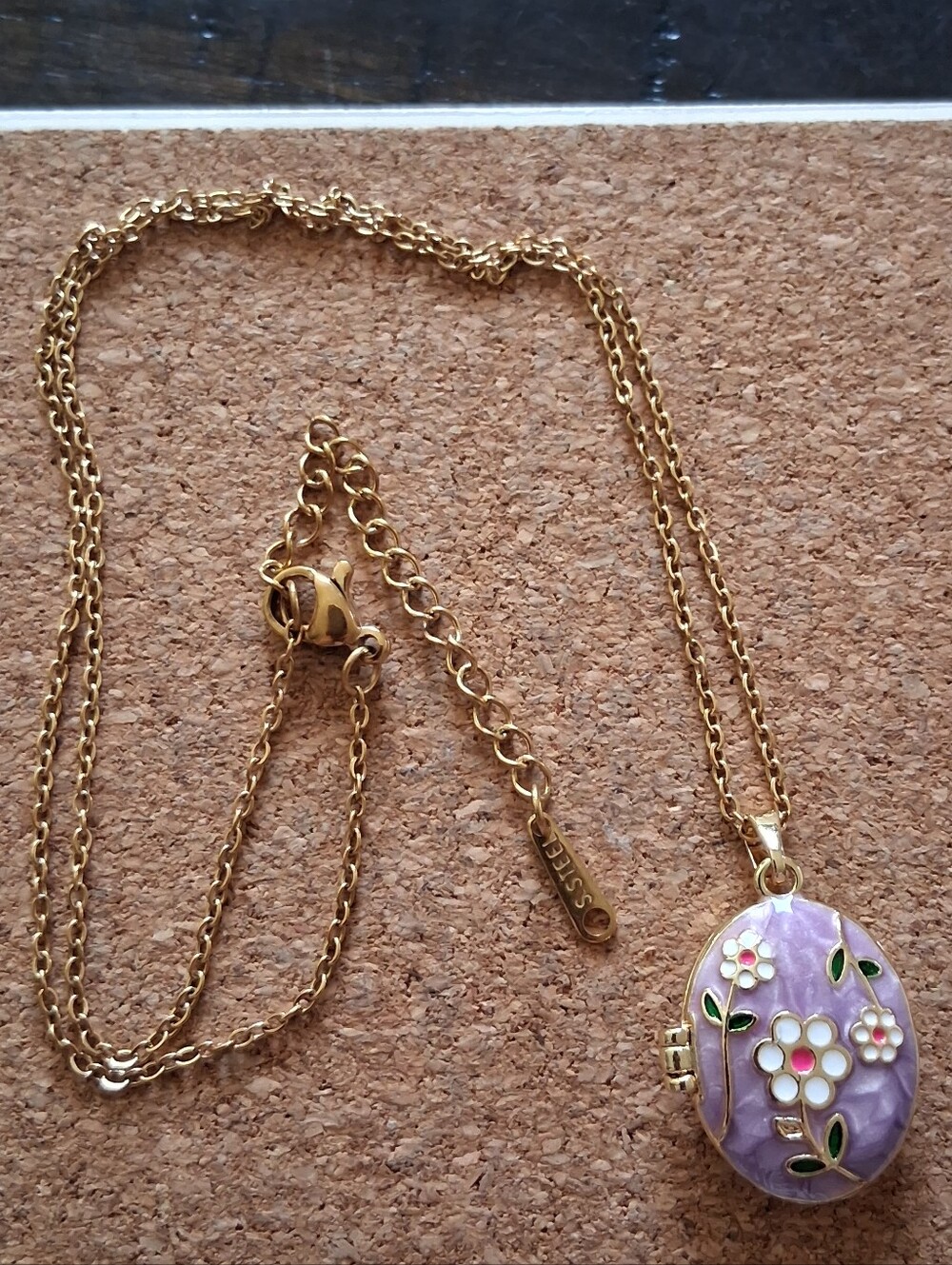 Gold-Tone Purple Enamel Floral Locket Necklace